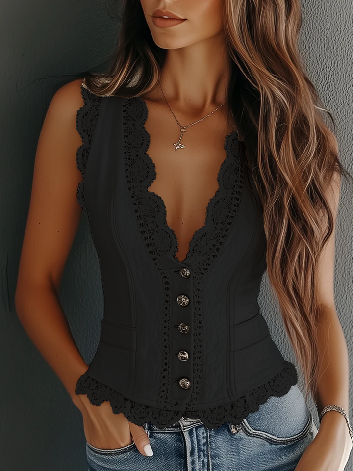 Vintage Faux Leather Lace Vest - Black
