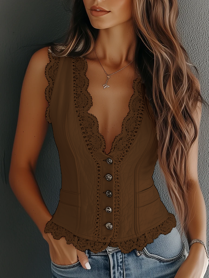 Vintage Faux Leather Lace Vest - Brown