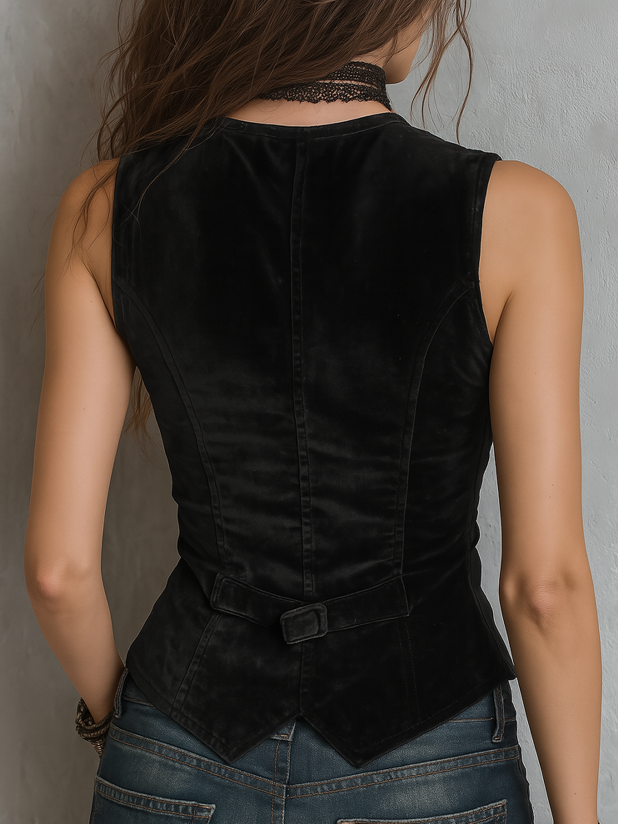 Odette Vintage Round V-Neck Velvet Vest