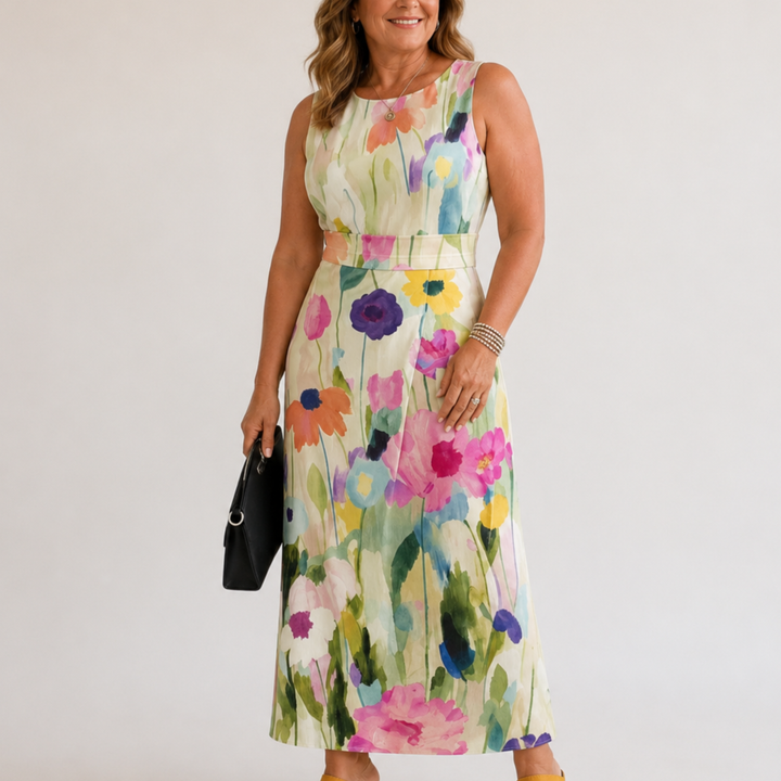 Carmina Watercolor Floral Sleeveless Midi Dress