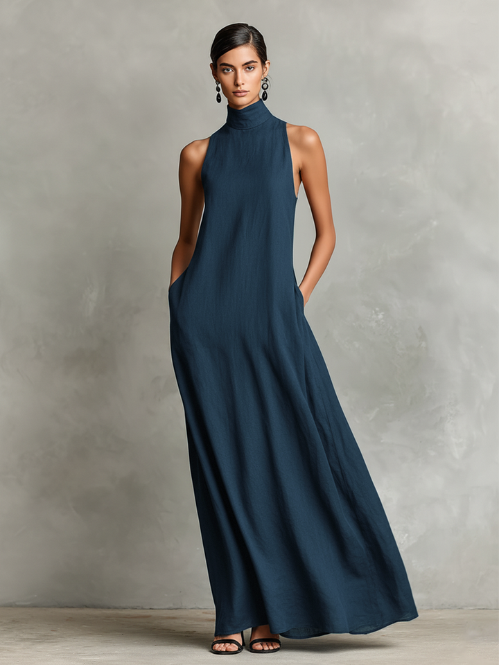 Vesper – Linen-Blend High Neck Maxi Dress