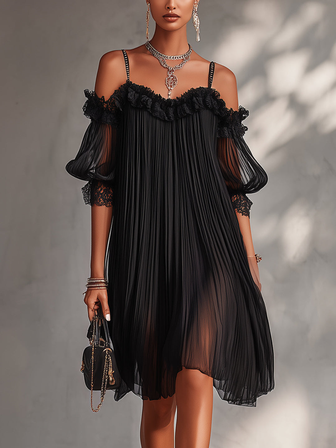 Vittoria Black Off-Shoulder Chiffon Mini Dress with Lace Trim