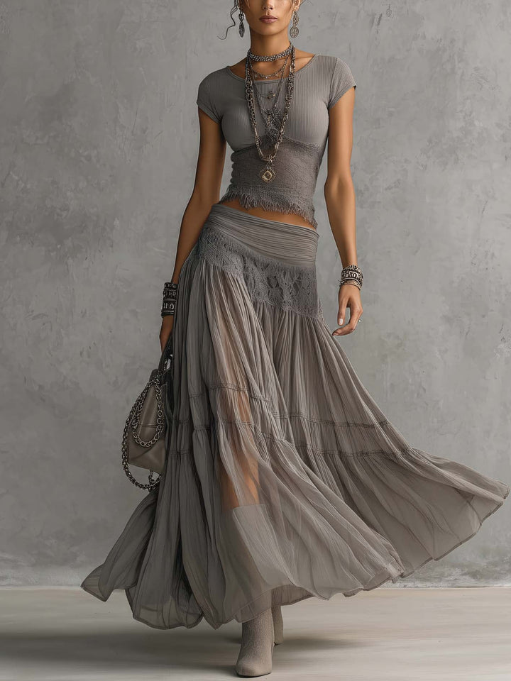 Lori Lace-Paneled Top and Pleated Maxi Skirt Set