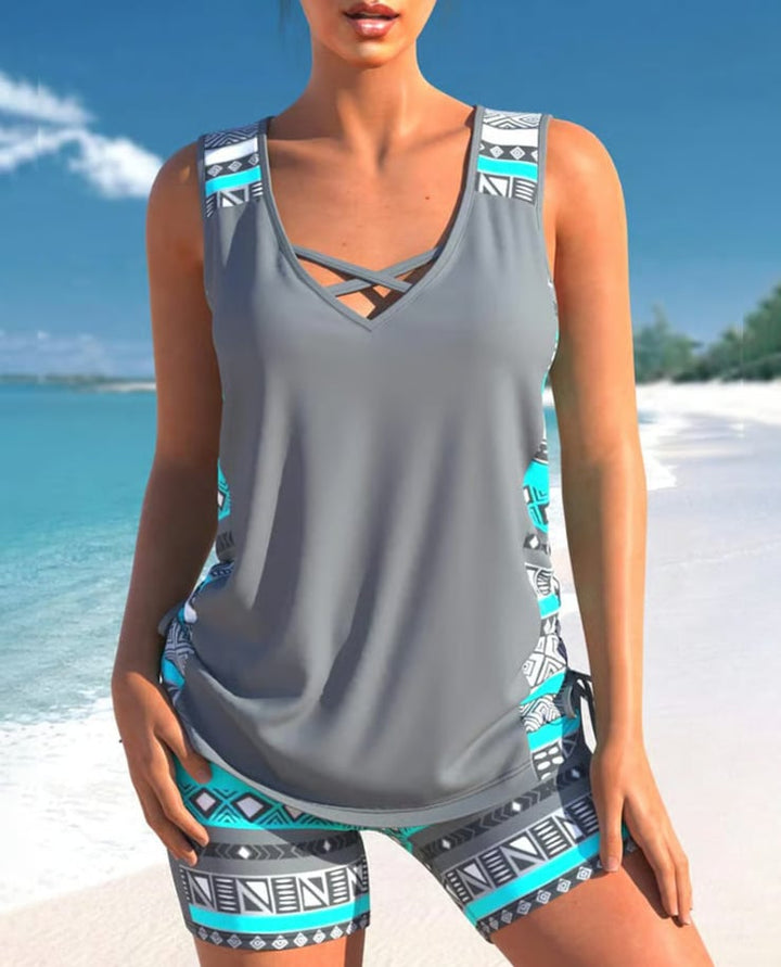 Printed Tankini Set With V-Neck