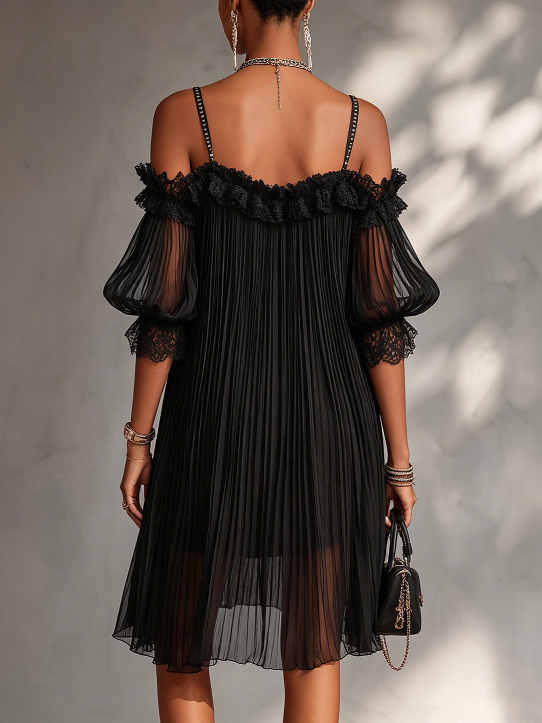 Vittoria Black Off-Shoulder Chiffon Mini Dress with Lace Trim