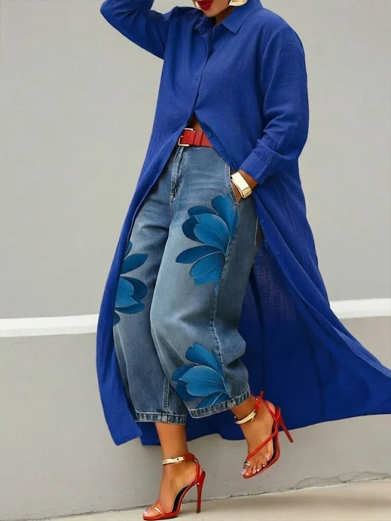 Fiamma Linen Shirt Dress and Floral Jeans Set