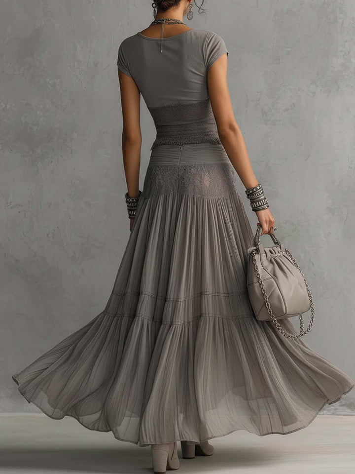 Lori Lace-Paneled Top and Pleated Maxi Skirt Set