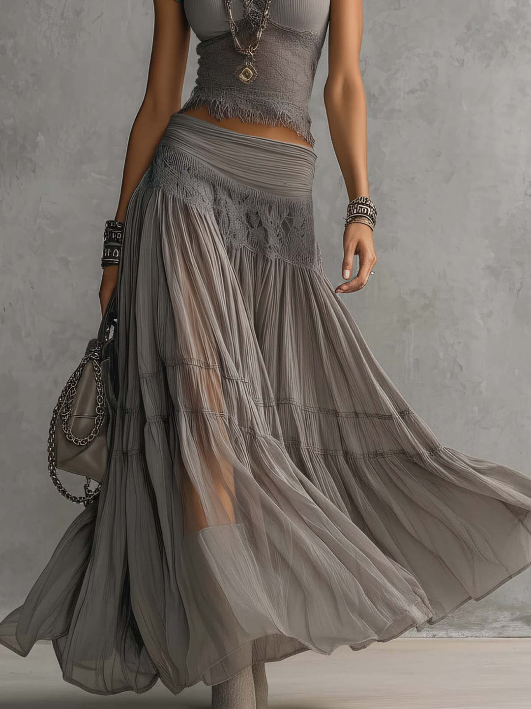 Lori Lace-Paneled Top and Pleated Maxi Skirt Set