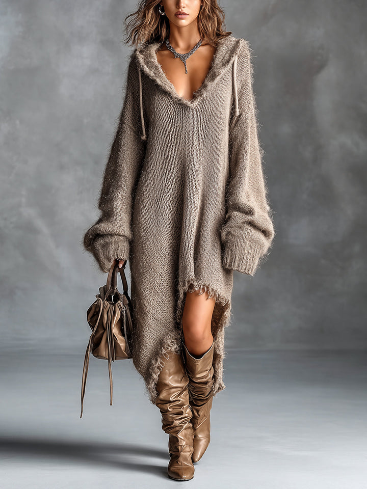 Elena Fuzzy Knit Hooded Sweater Dress