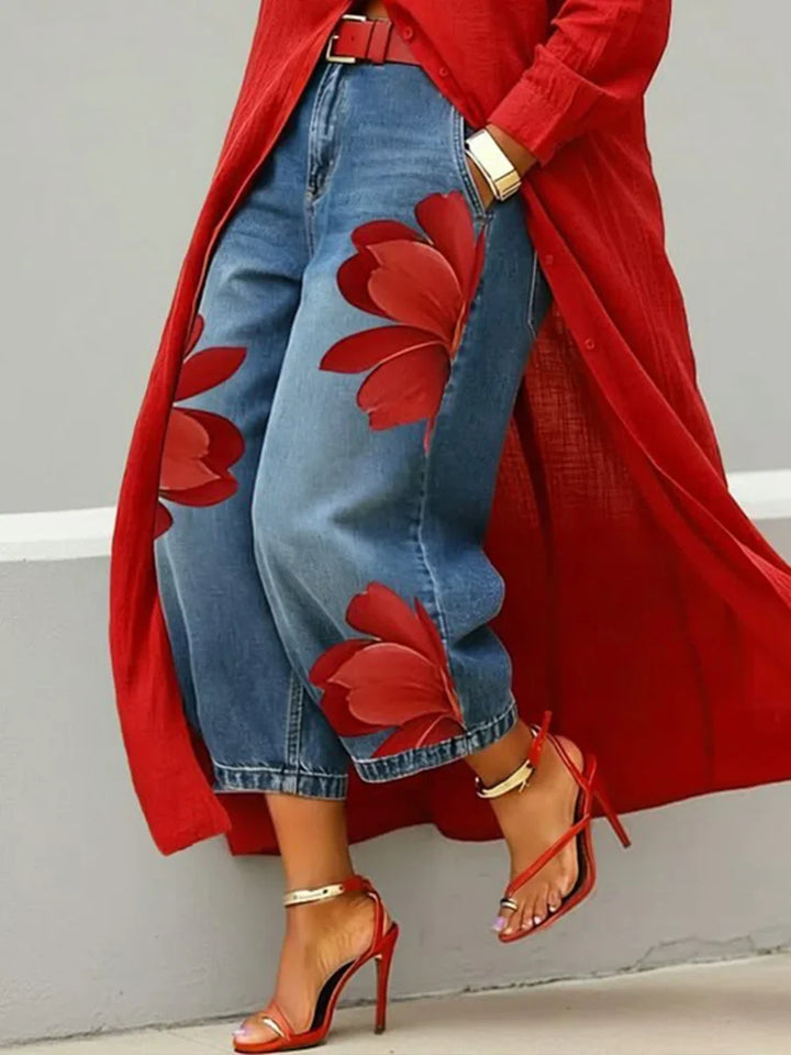 Fiamma Linen Shirt Dress and Floral Jeans Set