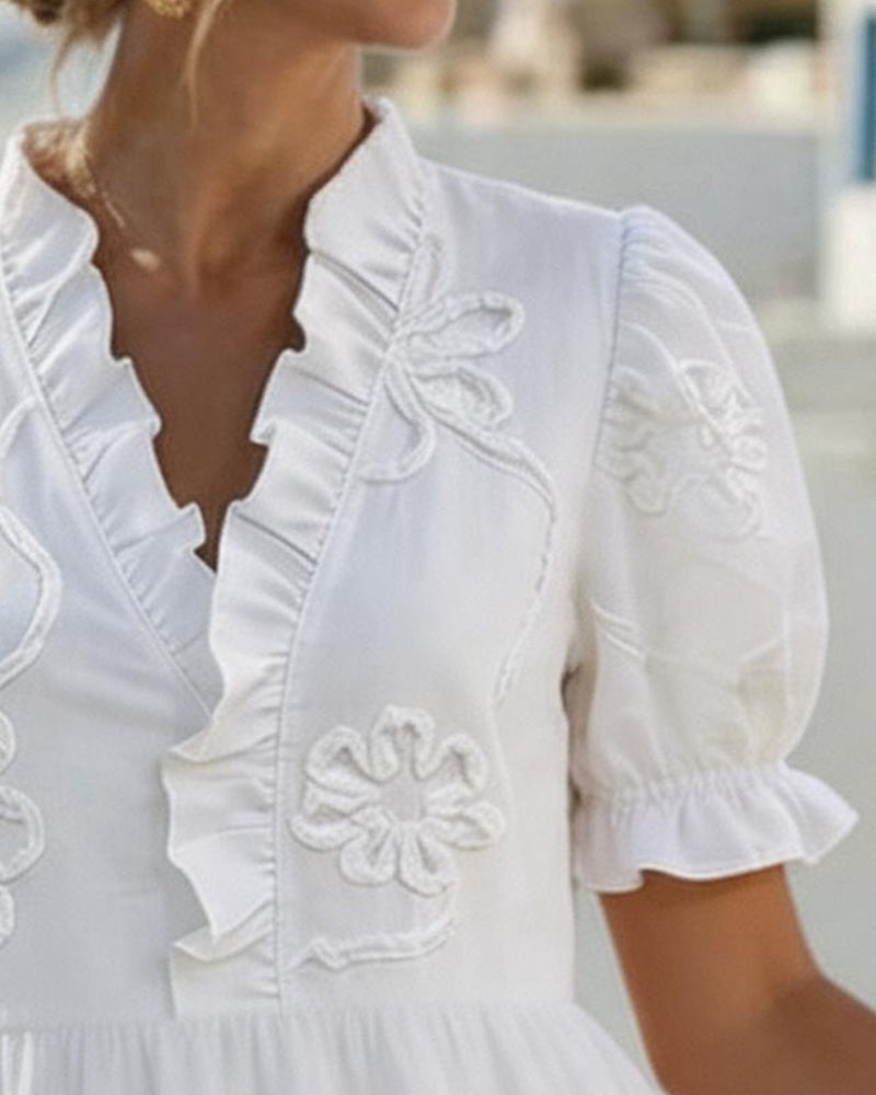Blossom Embroidered Ruffle V-Neck Puff Sleeve Dress
