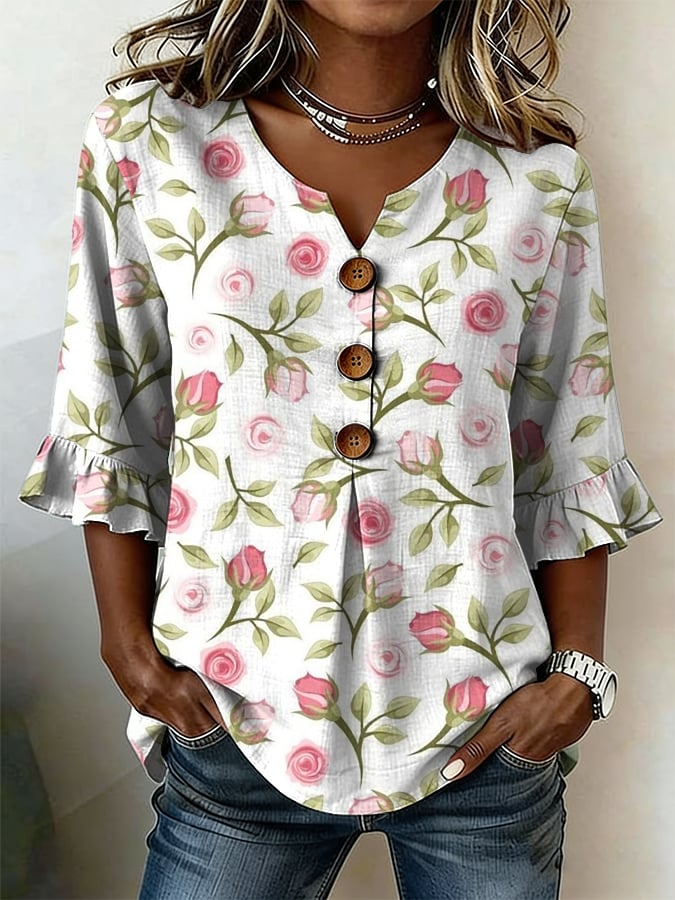 Olivia – Printed Linen-Look Blouse