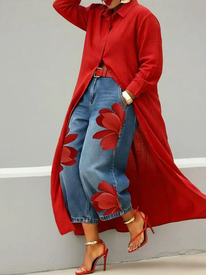 Fiamma Linen Shirt Dress and Floral Jeans Set