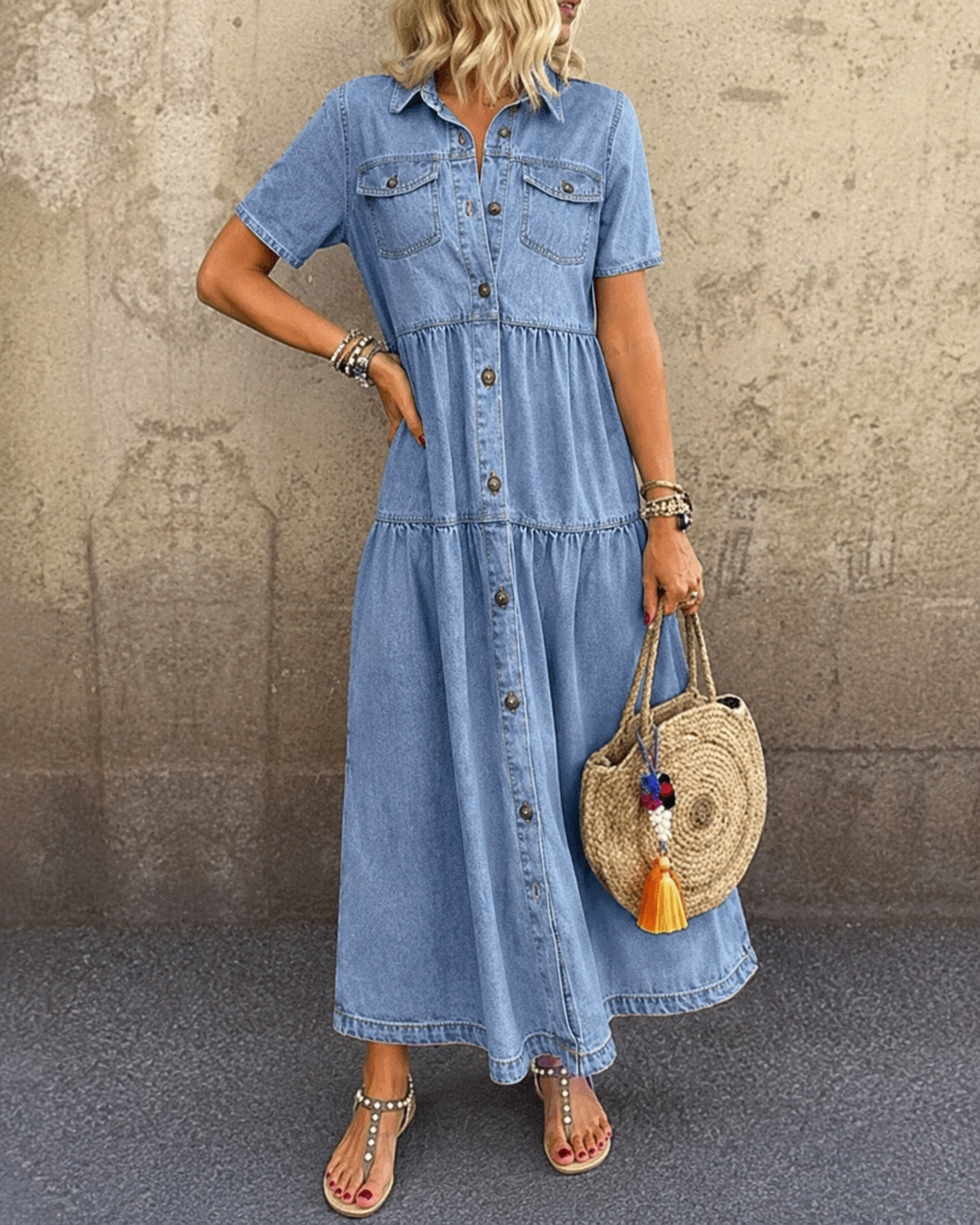 Grace Belly-covering Denim Midi Dress with Buttons