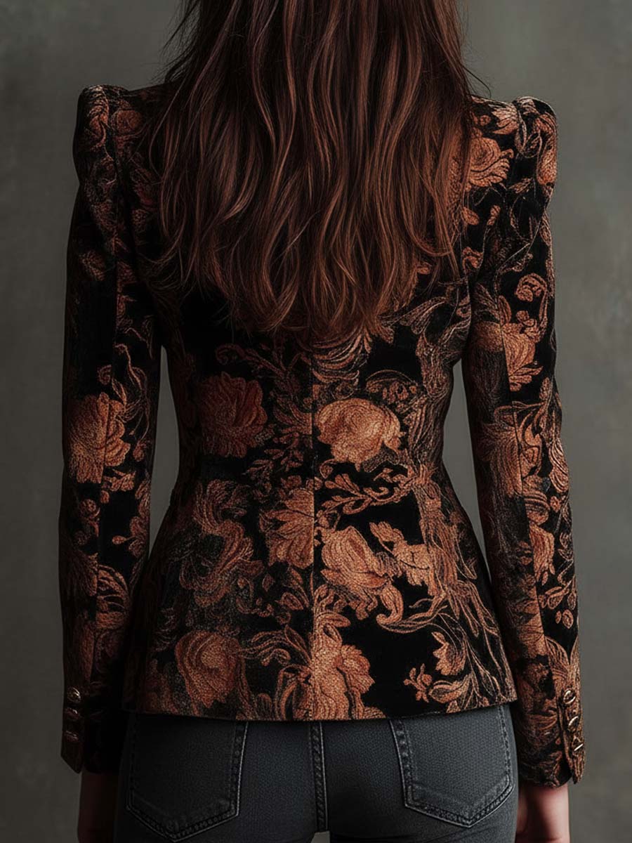 Bertille | Black & Bronze Floral Print Tailored Blazer