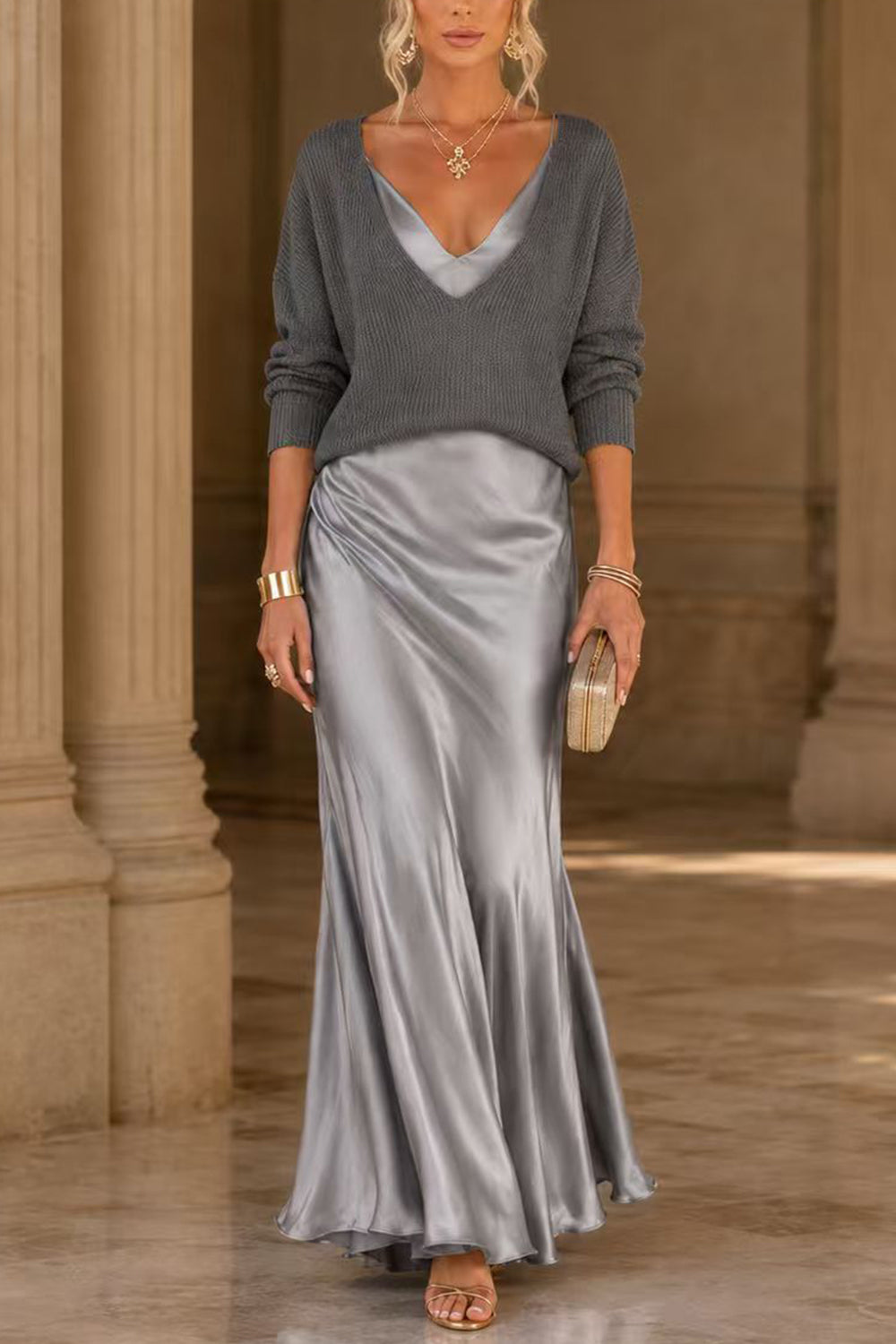 Jessa Sweater & Satin Maxi Dress Set