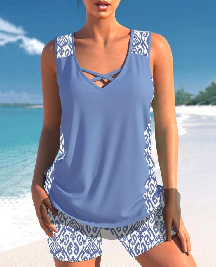 Printed Tankini Set With V-Neck