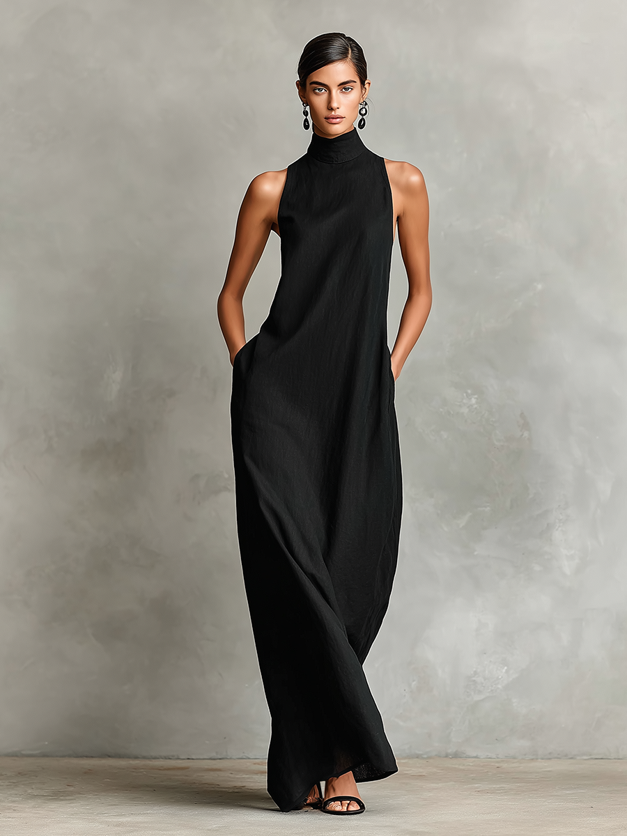 Vesper – Linen-Blend High Neck Maxi Dress
