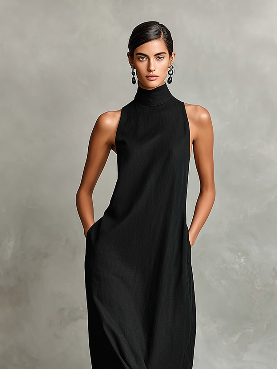 Vesper – Linen-Blend High Neck Maxi Dress
