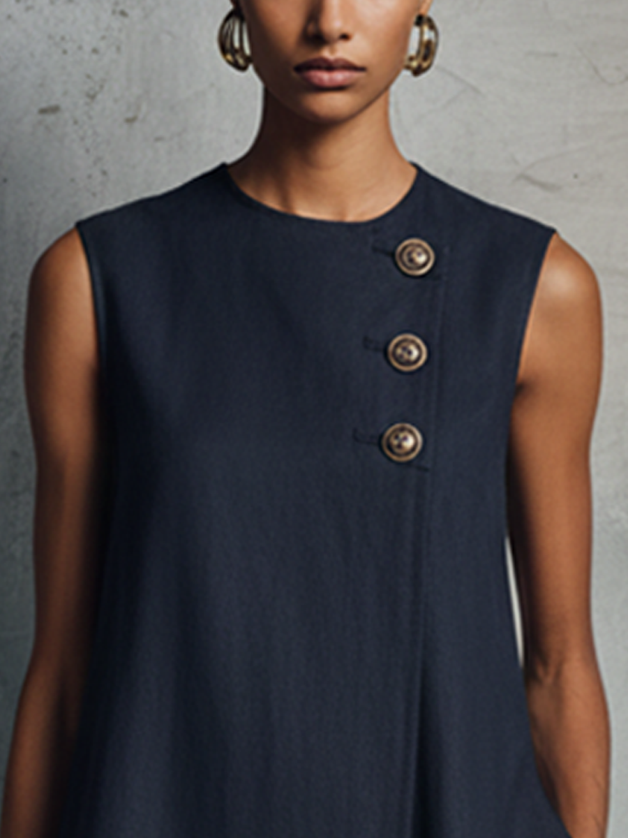 Naomi — Navy Round-Neck Mini Dress with Asymmetric Buttons & Side Pocket
