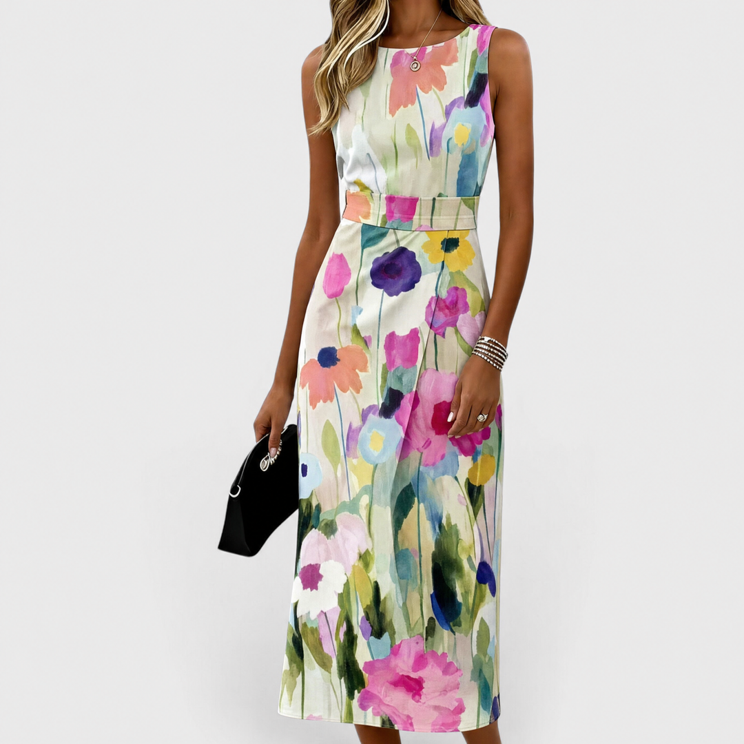 Carmina Watercolor Floral Sleeveless Midi Dress