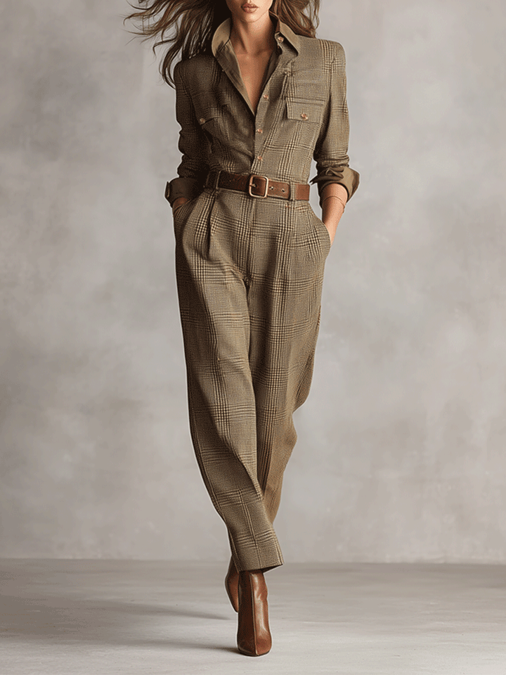 Celia Brown Checkered Jumpsuit with Belt