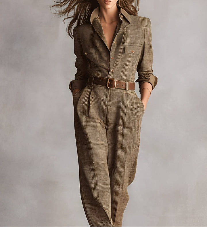 Celia Brown Checkered Jumpsuit with Belt