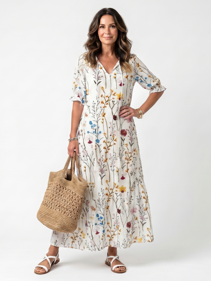 Sylvie Botanical Print Tassel Tie Midi Dress