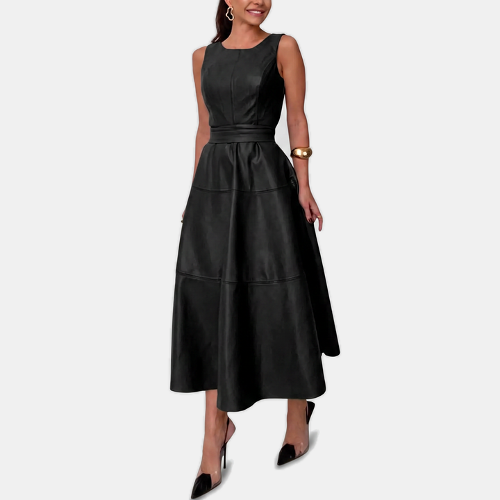 May Faux Leather Belted A Line Midi Dress