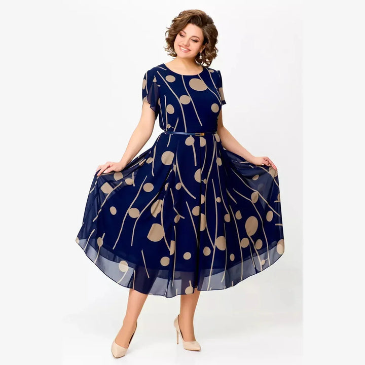 IVY NAVY POLKA DOT PRINT CHIFFON MIDI DRESS