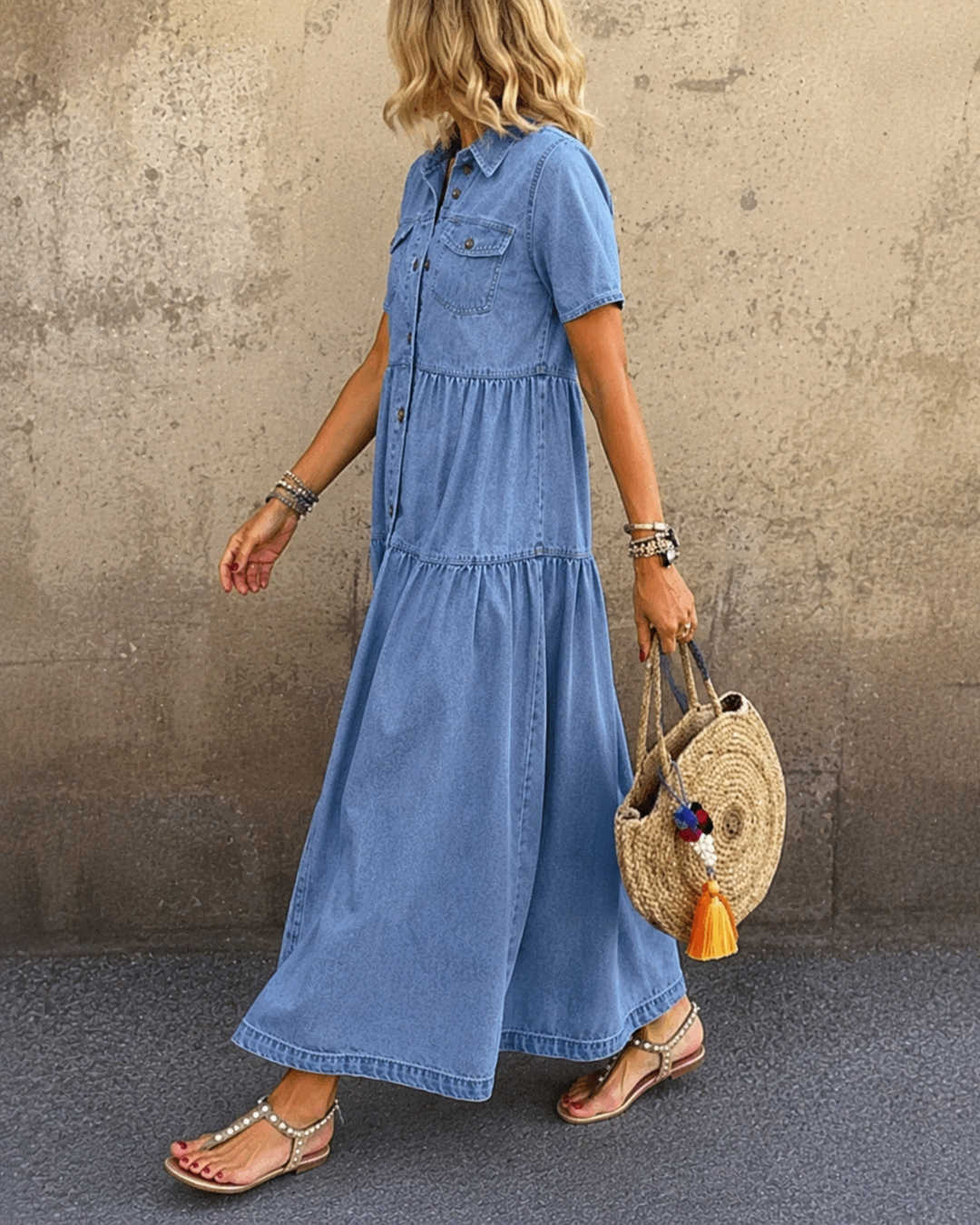 Grace Belly-covering Denim Midi Dress with Buttons
