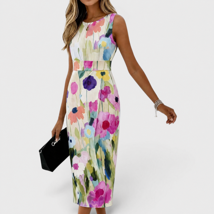 Carmina Watercolor Floral Sleeveless Midi Dress