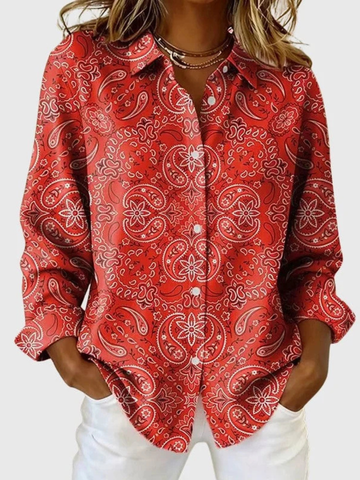 Katarina Paisley Print Button-Up Blouse – Red