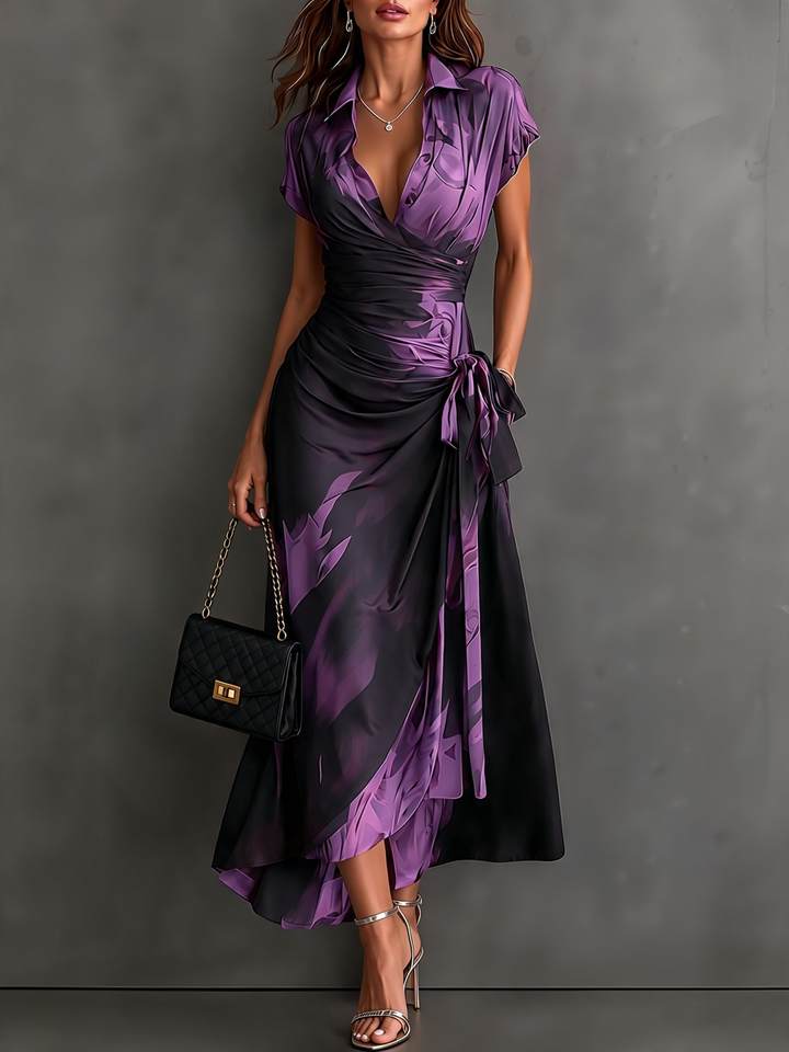 Annika Midi Wrap Dress in Purple Watercolor Print
