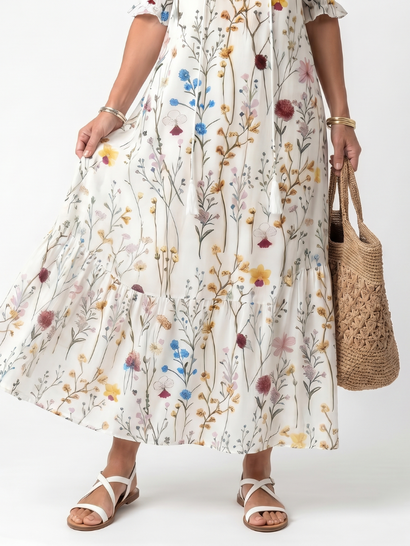 Sylvie Botanical Print Tassel Tie Midi Dress