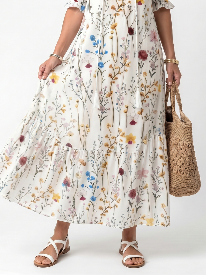 Sylvie Botanical Print Tassel Tie Midi Dress