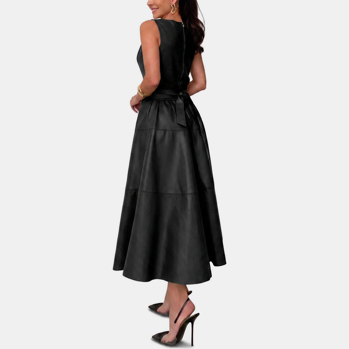 May Faux Leather Belted A Line Midi Dress