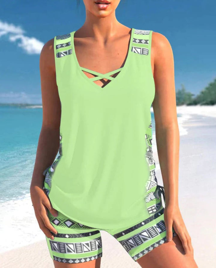 Printed Tankini Set With V-Neck