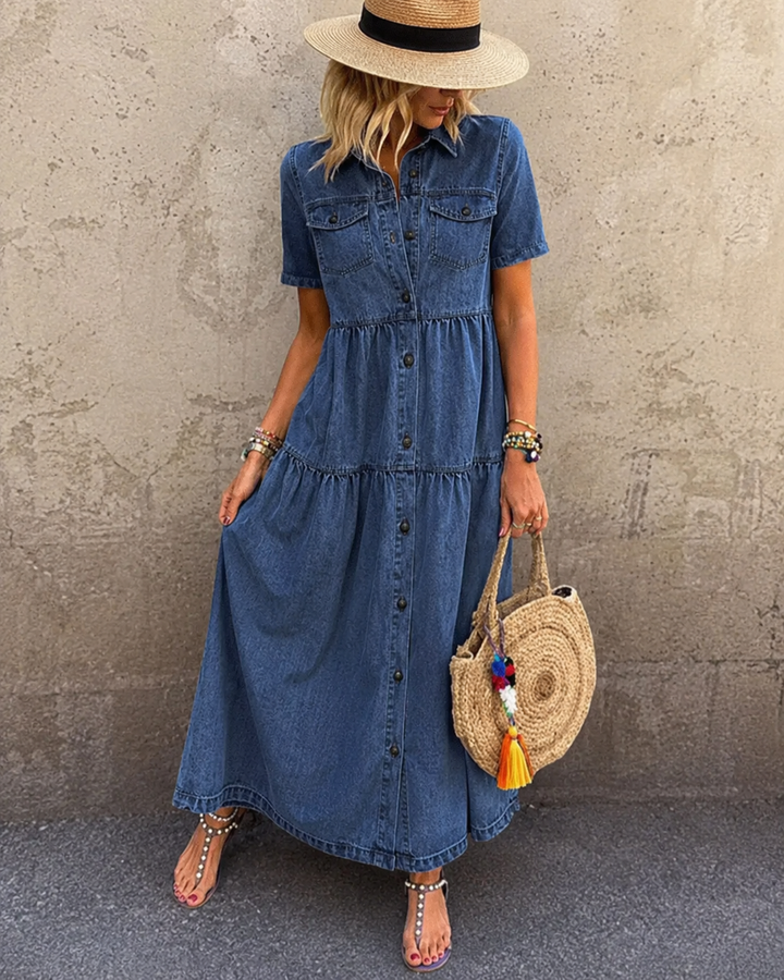 Grace Belly-covering Denim Midi Dress with Buttons