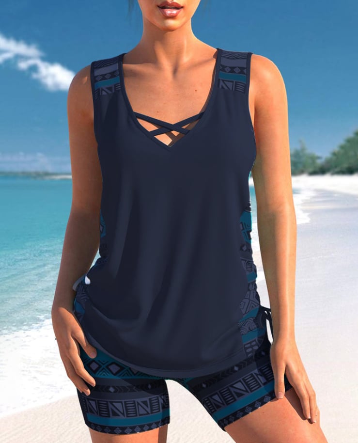 Printed Tankini Set With V-Neck