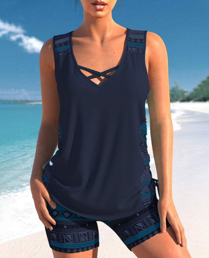Printed Tankini Set With V-Neck