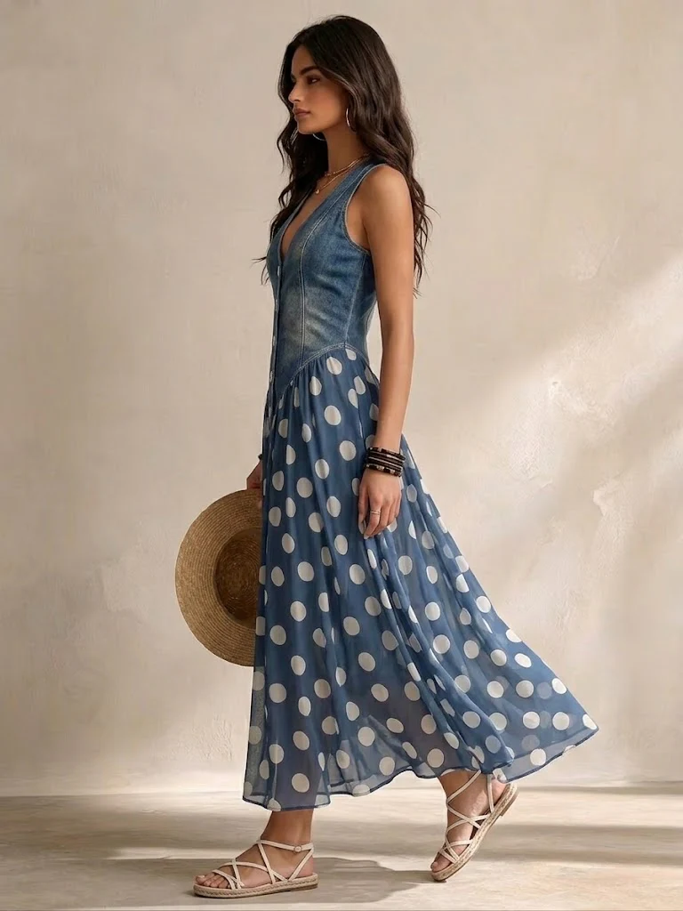 Brenda Denim Top Polka Dot Chiffon Dress - Blue
