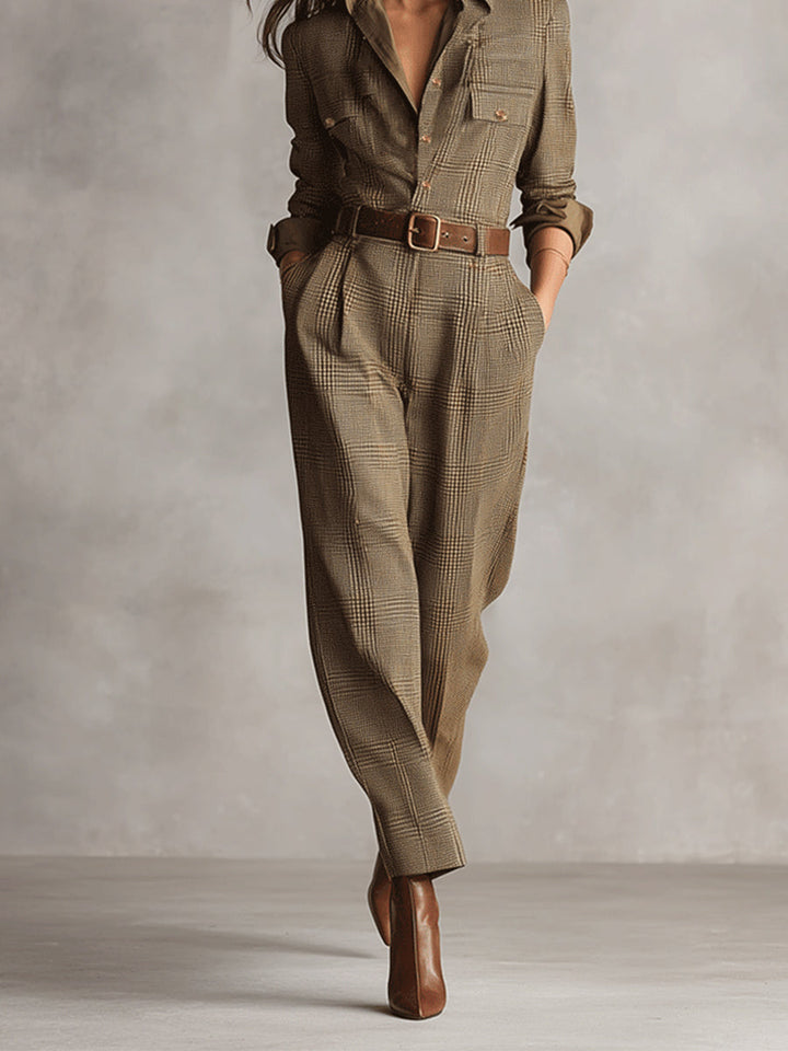 Celia Brown Checkered Jumpsuit with Belt