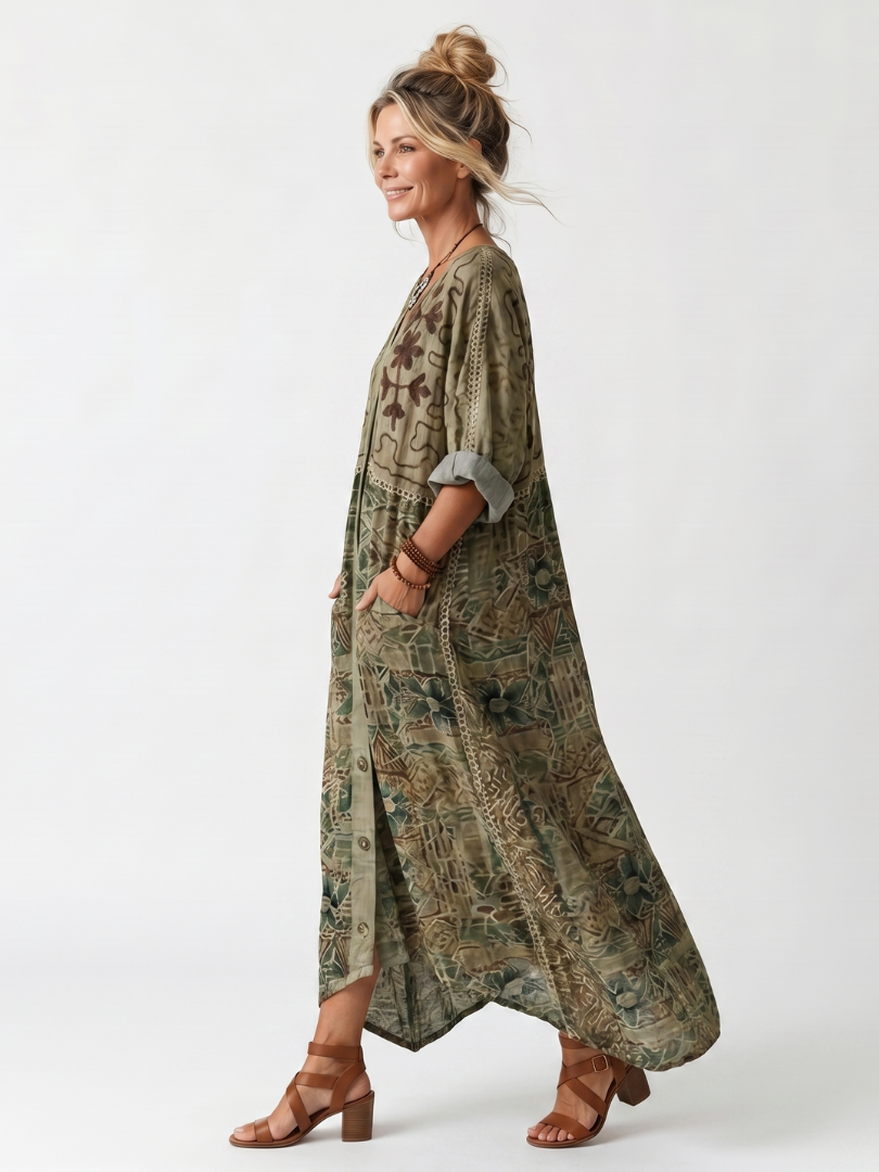 Aleta Button Front Oversized Pocket Midi Dress