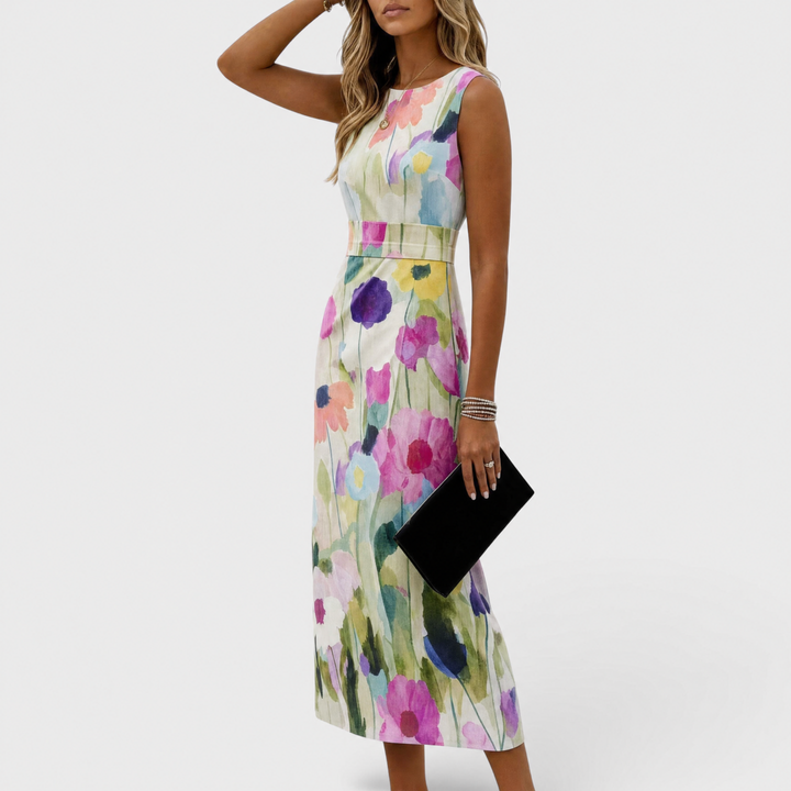 Carmina Watercolor Floral Sleeveless Midi Dress