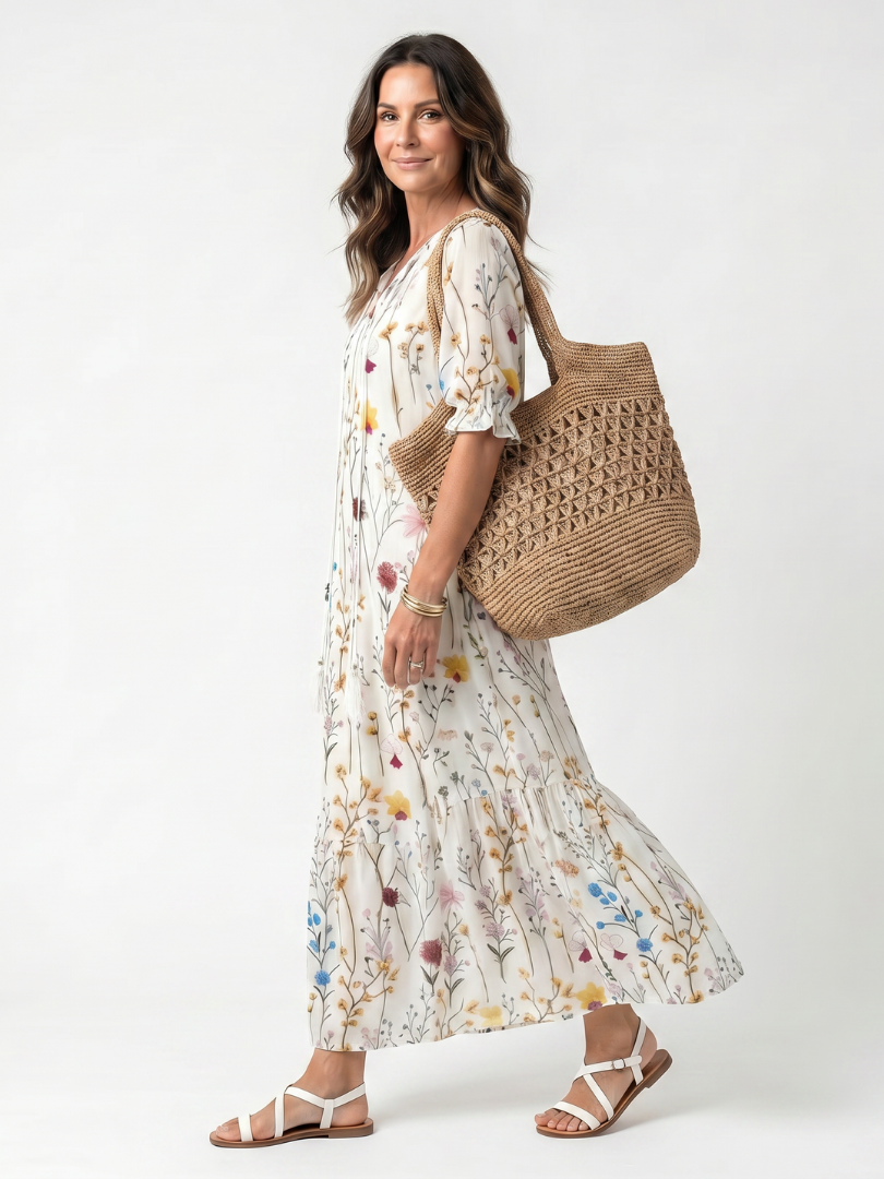 Sylvie Botanical Print Tassel Tie Midi Dress