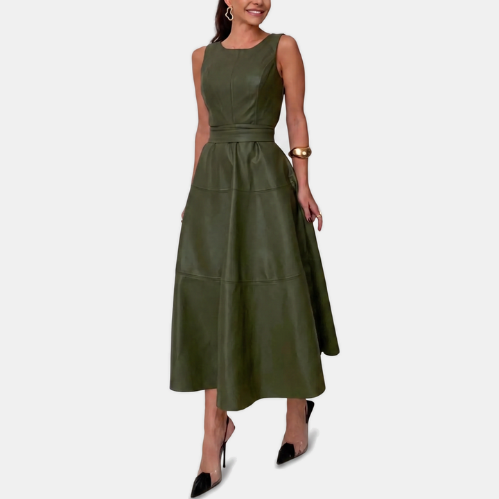 May Faux Leather Belted A Line Midi Dress