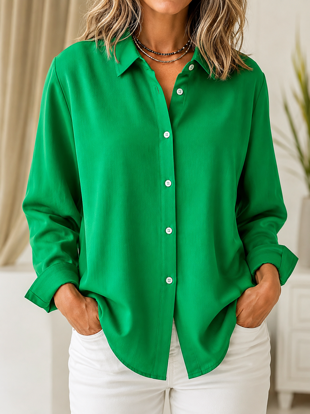 Marguerite Classic Solid Button Front Blouse – Green