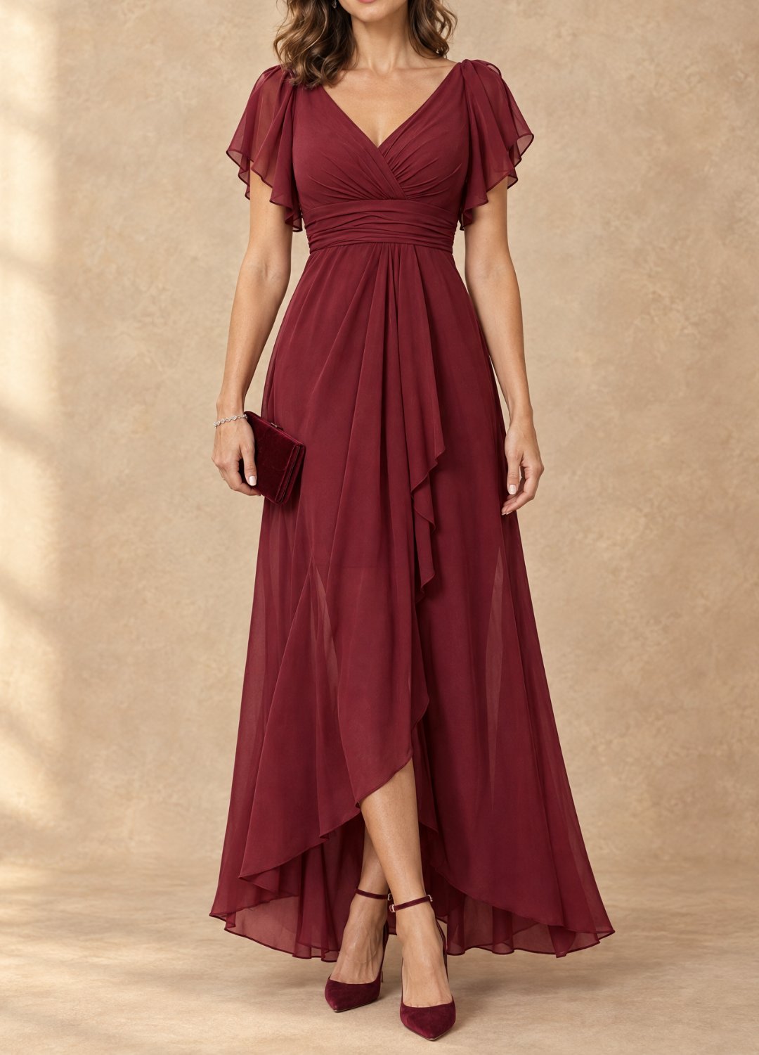 Denise Flutter Sleeve Maxi Dress - Burgundy