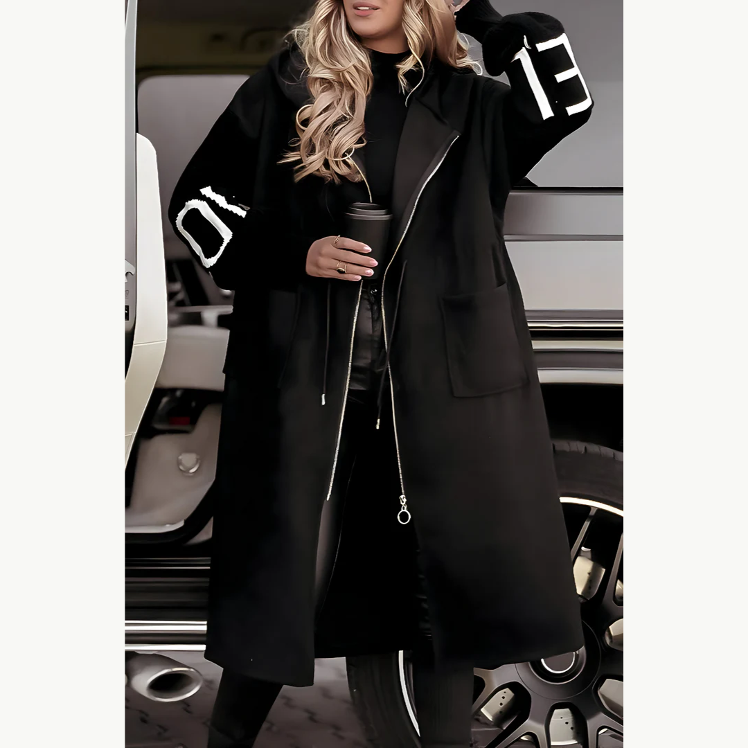 Vivien | Hooded Longline Coat with Knit Sleeves